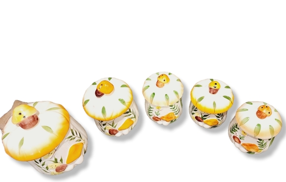 Set of 5 whimsical mushroom butterfly ceramic canisters - Picture 3 of 16